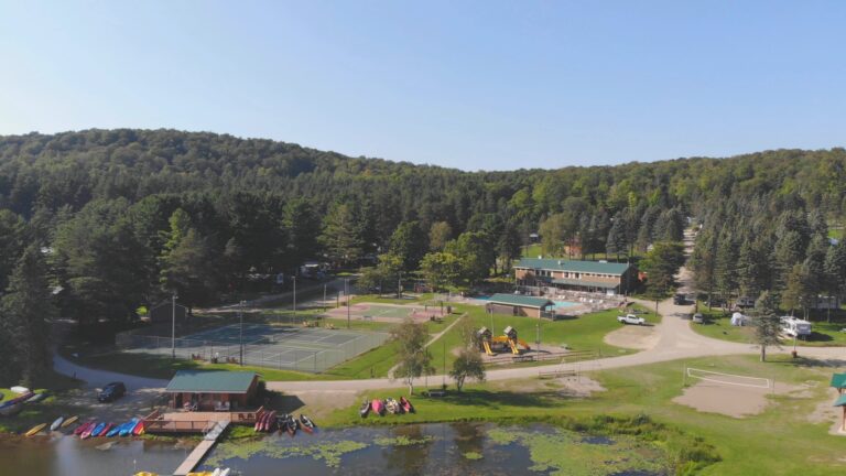 An aerial view of a family campground nestled in the scenic wilderness of western New York.