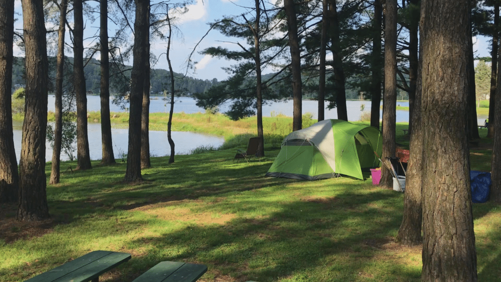 A campground set up in the woods near a lake.