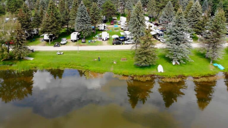 An aerial view of a rv campground near Rainbow Lake.