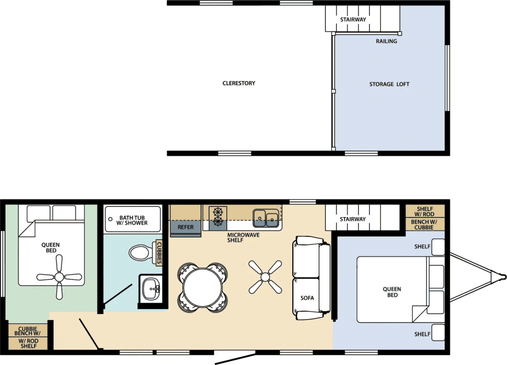 Floor plan of The Allegany park model, 385 square feet with a loft and one bath