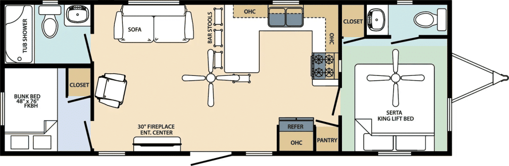 Floor plan of The Erie park model, 396 square feet with two bedrooms and one and a half baths