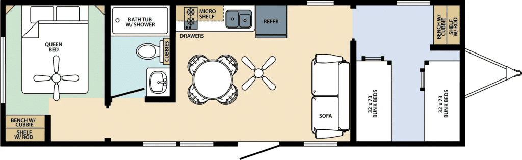 Floor plan of The Genesee park model, 385 square feet with two bedrooms and one bath