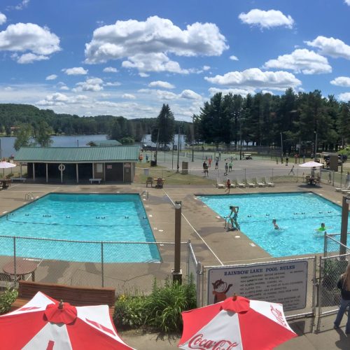 An aerial view of a swimming pool at a campground.