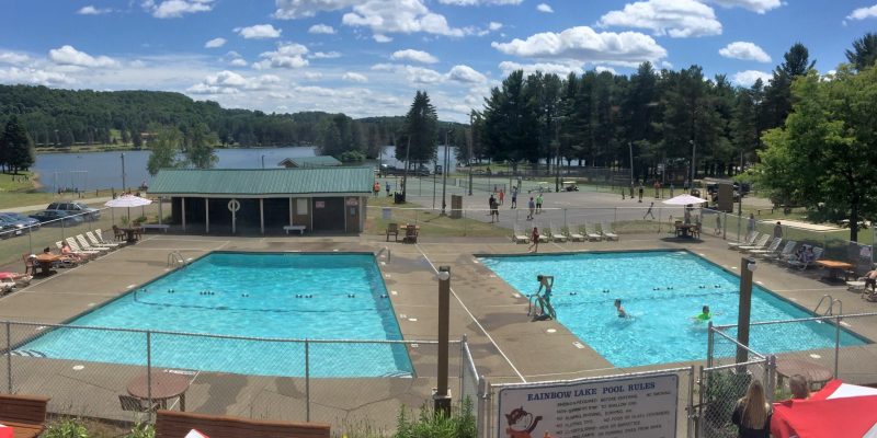 An aerial view of a swimming pool at a campground.