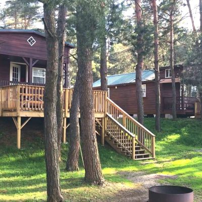 Two rustic cabins nestled in a serene woodland setting, accessible via stairs, perfect for a family camping getaway in a scenic campground.