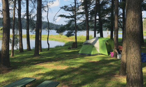 A campground set up in the woods near a lake.