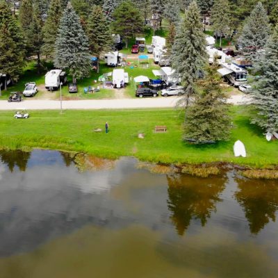 An aerial view of a family campground near Rainbow Lake in Western New York.